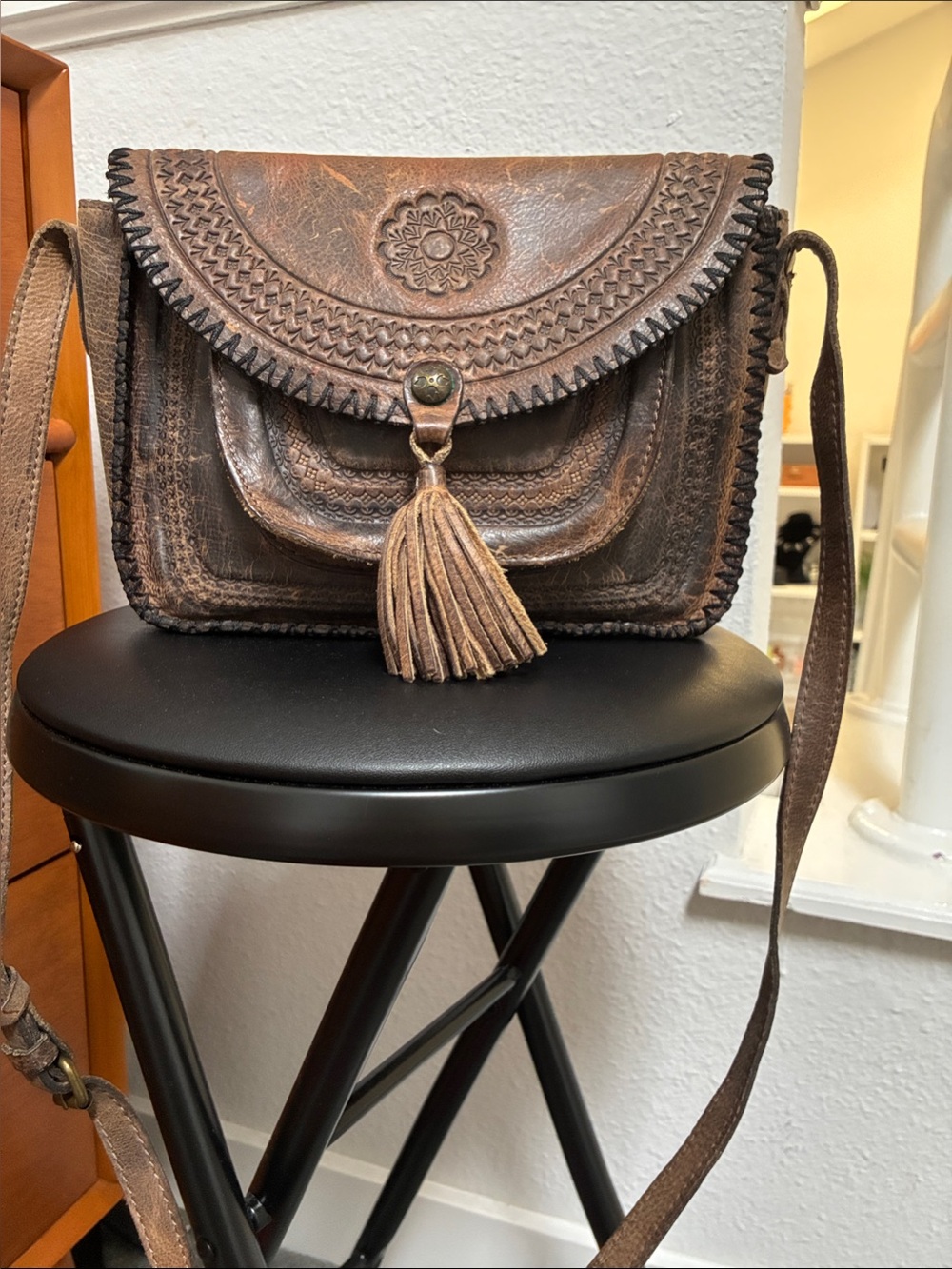 Patricia Nash Distressed Brown Leather Crossbody with Tassel Detail